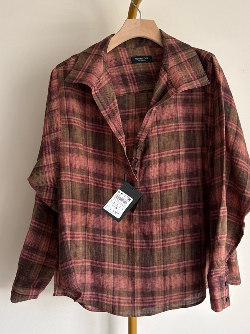 Massimo Dutti Rose and Brown Plaid Button-Down Shirt
